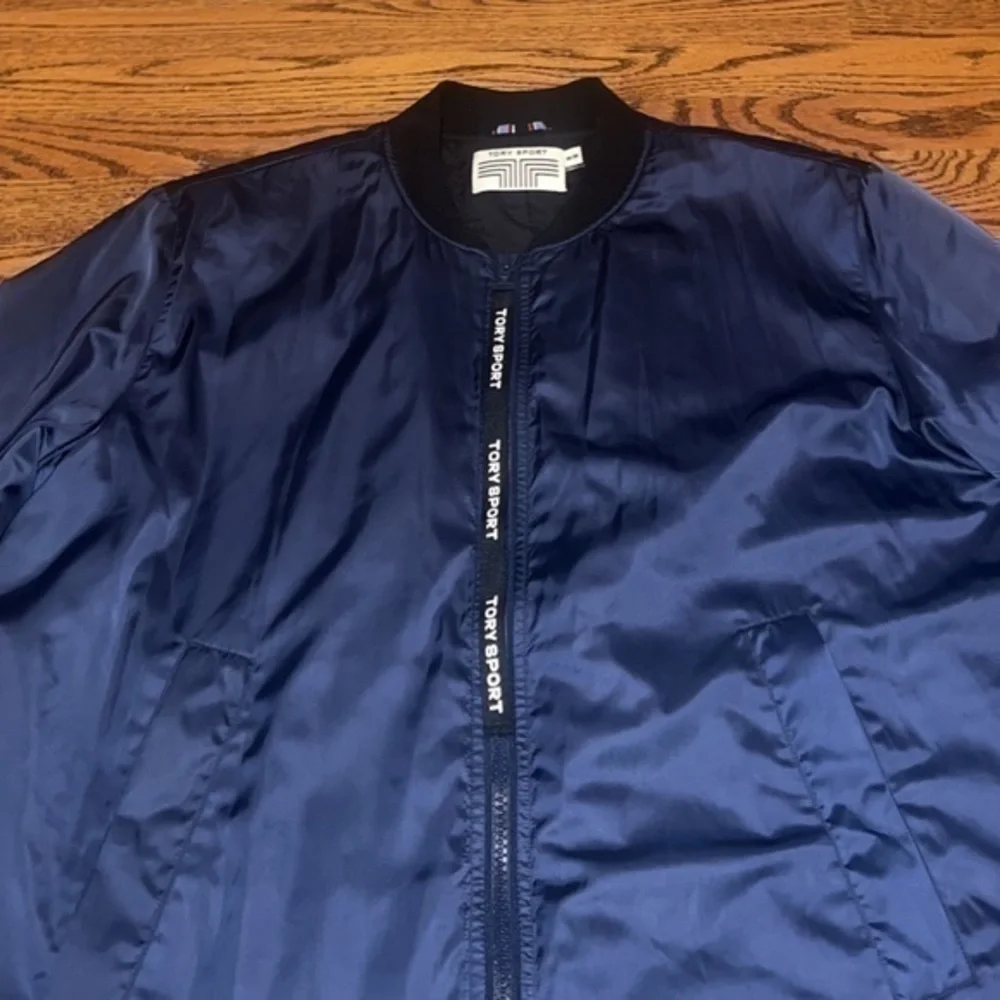 Tory Burch Sport Performance Navy Blue Satin‎ Long Bomber Jacket Coat Medium